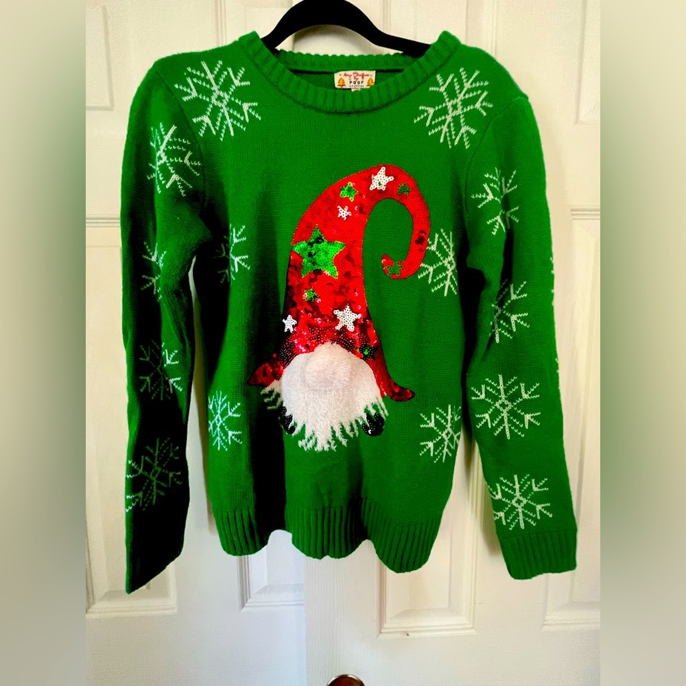 Merry Christmas by Poof New York, Green Santa Gnome Ugly Holiday Sweater, Small